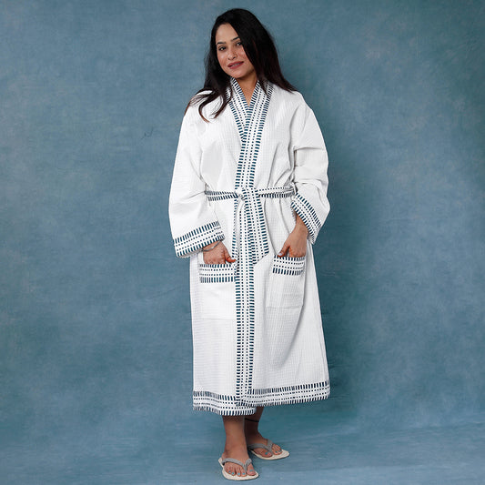 Sanganeri Block Printing Waffle Weave Handwoven Bath Robe