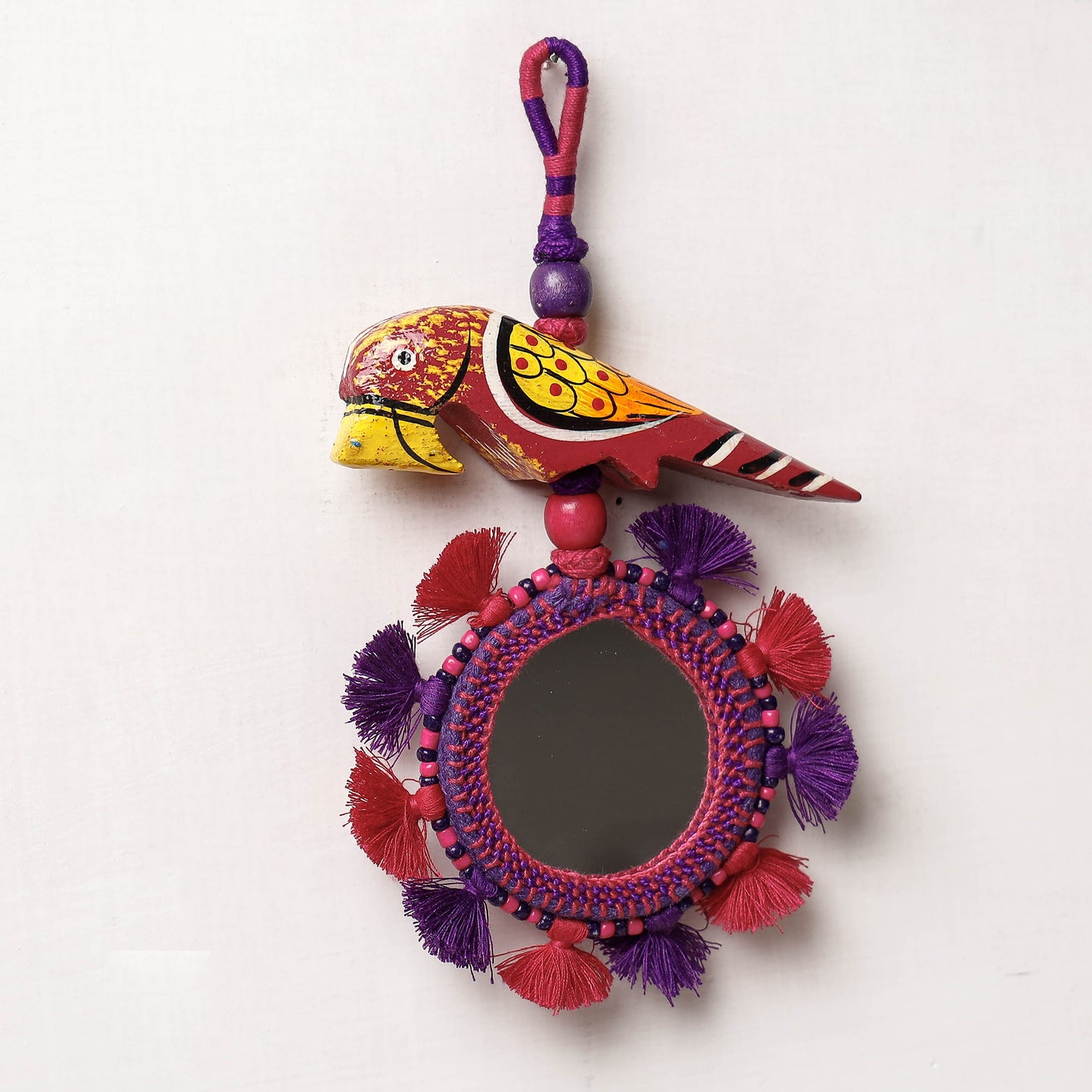 Patwa Threadwork Wooden Parrot Mirror Hanging (7 x 4 in)