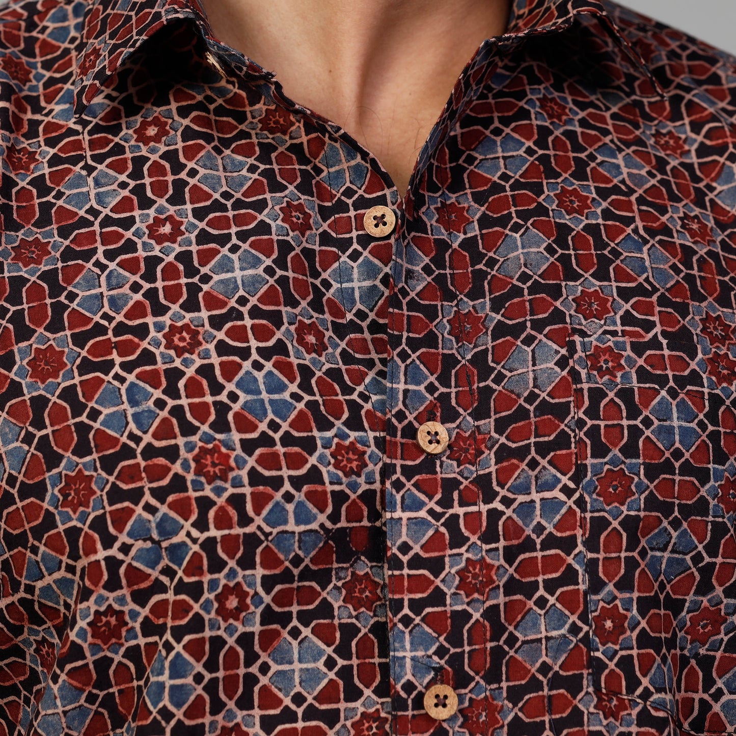 Multicolor - Red & Blue - Ajrakh Block Printed Cotton Men Full Sleeve Shirt