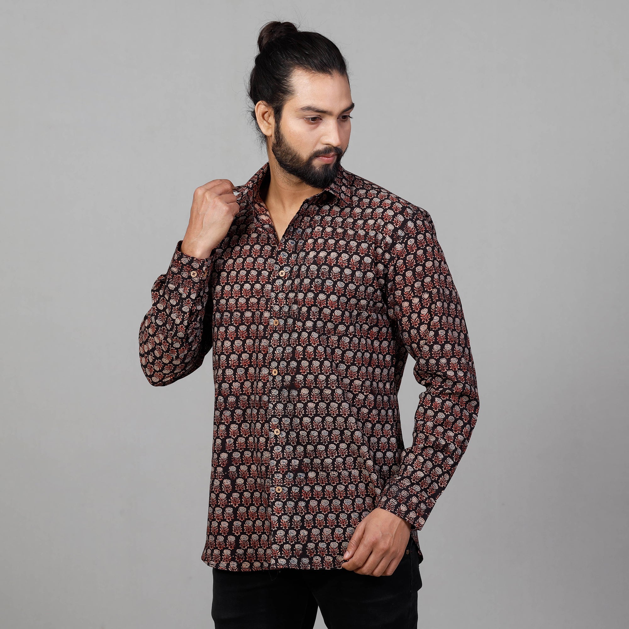 Black & Red - Ajrakh Block Printed Cotton Men Full Sleeve Shirt ...