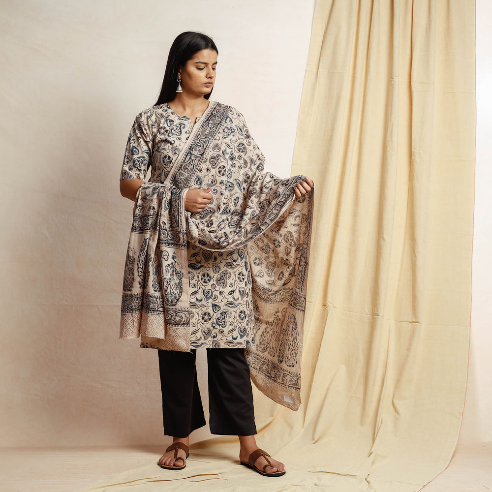 Beige - Kalamkari Block Printing Cotton Kurta with Palazzo & Dupatta Set