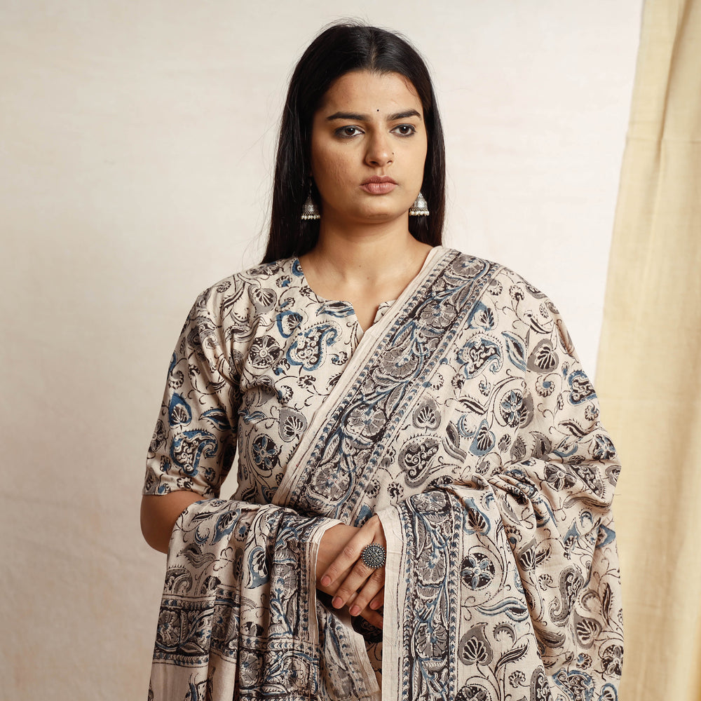 Beige - Kalamkari Block Printing Cotton Kurta with Palazzo & Dupatta Set