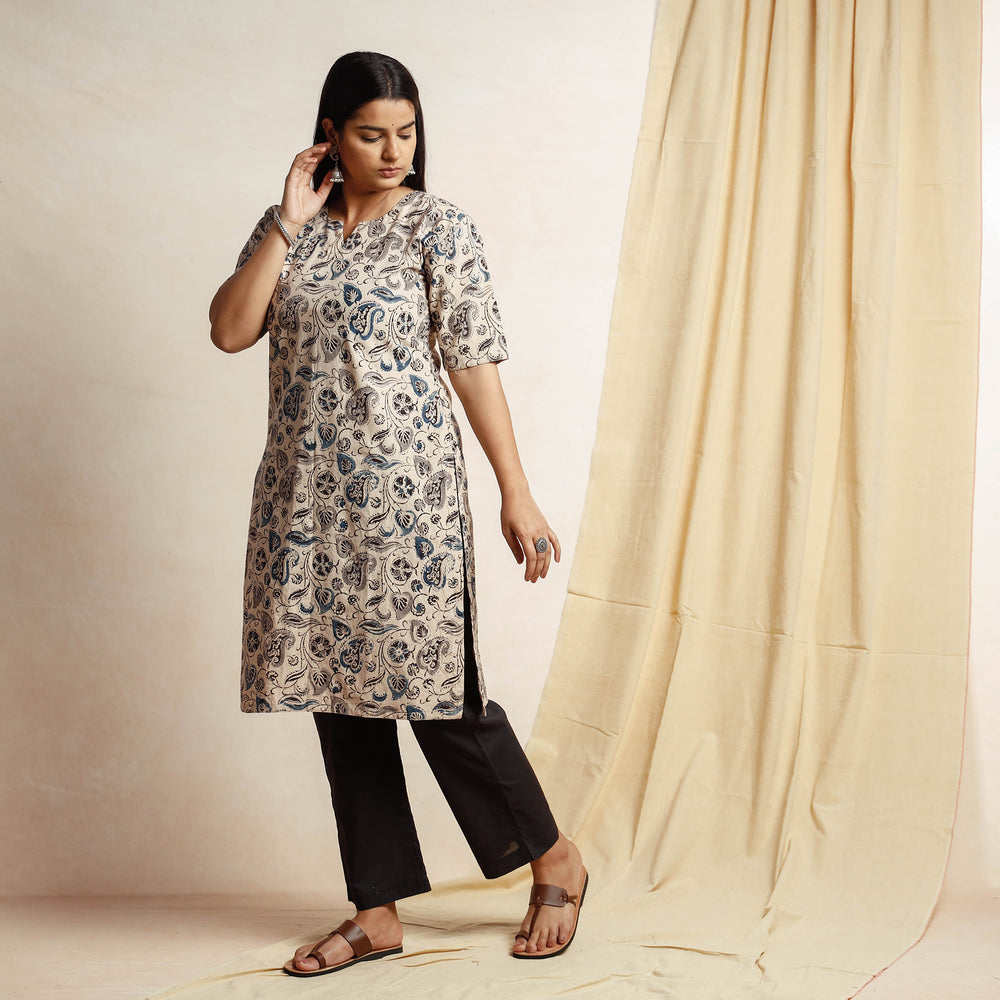 Beige - Kalamkari Block Printing Cotton Kurta with Palazzo & Dupatta Set