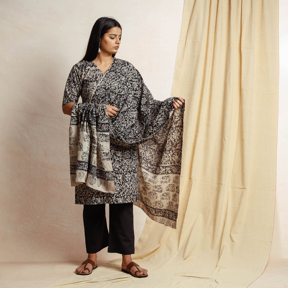 Kalamkari Block Printing Cotton Kurta with Palazzo & Dupatta Set