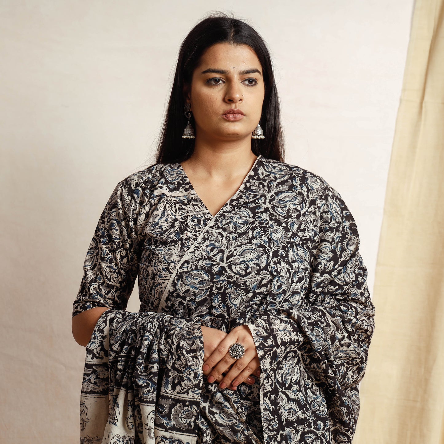 Black - Kalamkari Block Printing Cotton Kurta with Palazzo & Dupatta Set