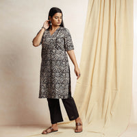 Black - Kalamkari Block Printing Cotton Kurta with Palazzo & Dupatta Set