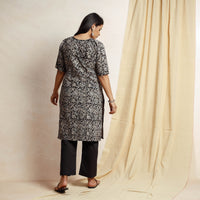 Black - Kalamkari Block Printing Cotton Kurta with Palazzo & Dupatta Set