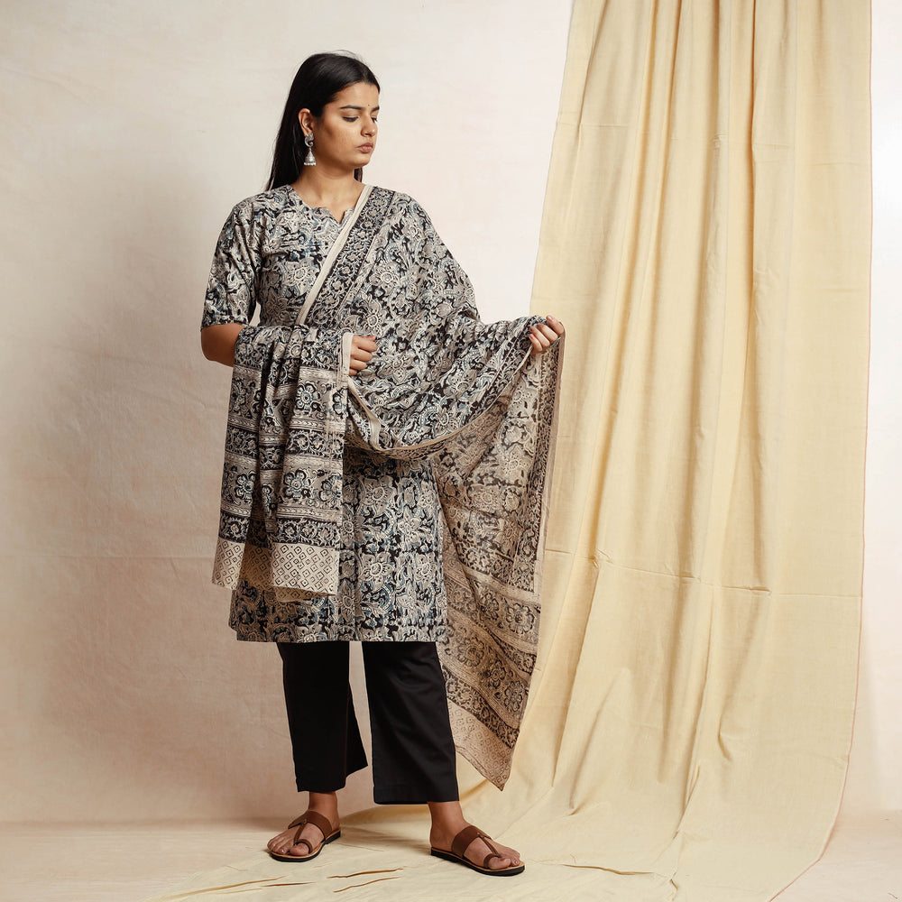 Black - Kalamkari Block Printing Cotton Kurta with Palazzo & Dupatta Set