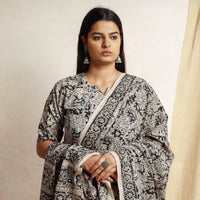 Black - Kalamkari Block Printing Cotton Kurta with Palazzo & Dupatta Set