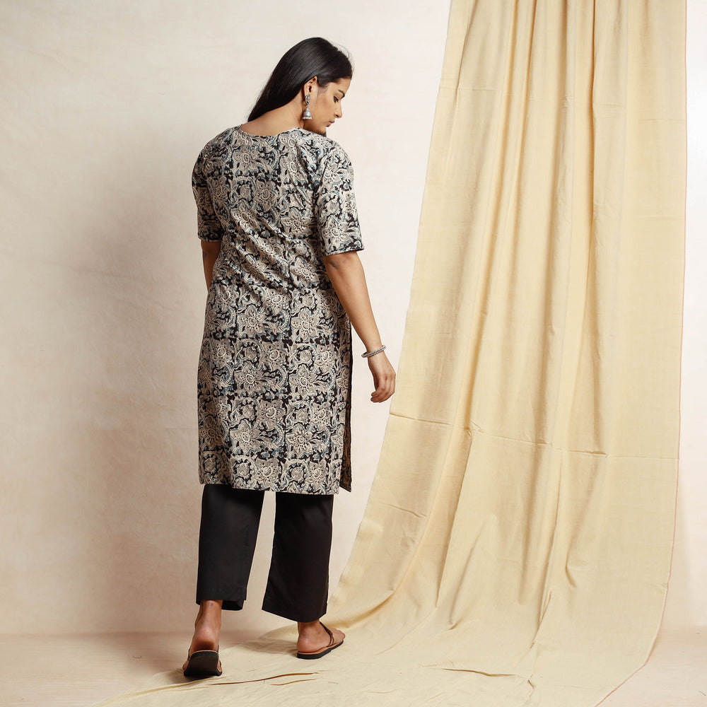 Black - Kalamkari Block Printing Cotton Kurta with Palazzo & Dupatta Set