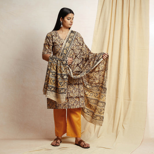 Brown - Kalamkari Block Printing Cotton Kurta with Palazzo & Dupatta Set