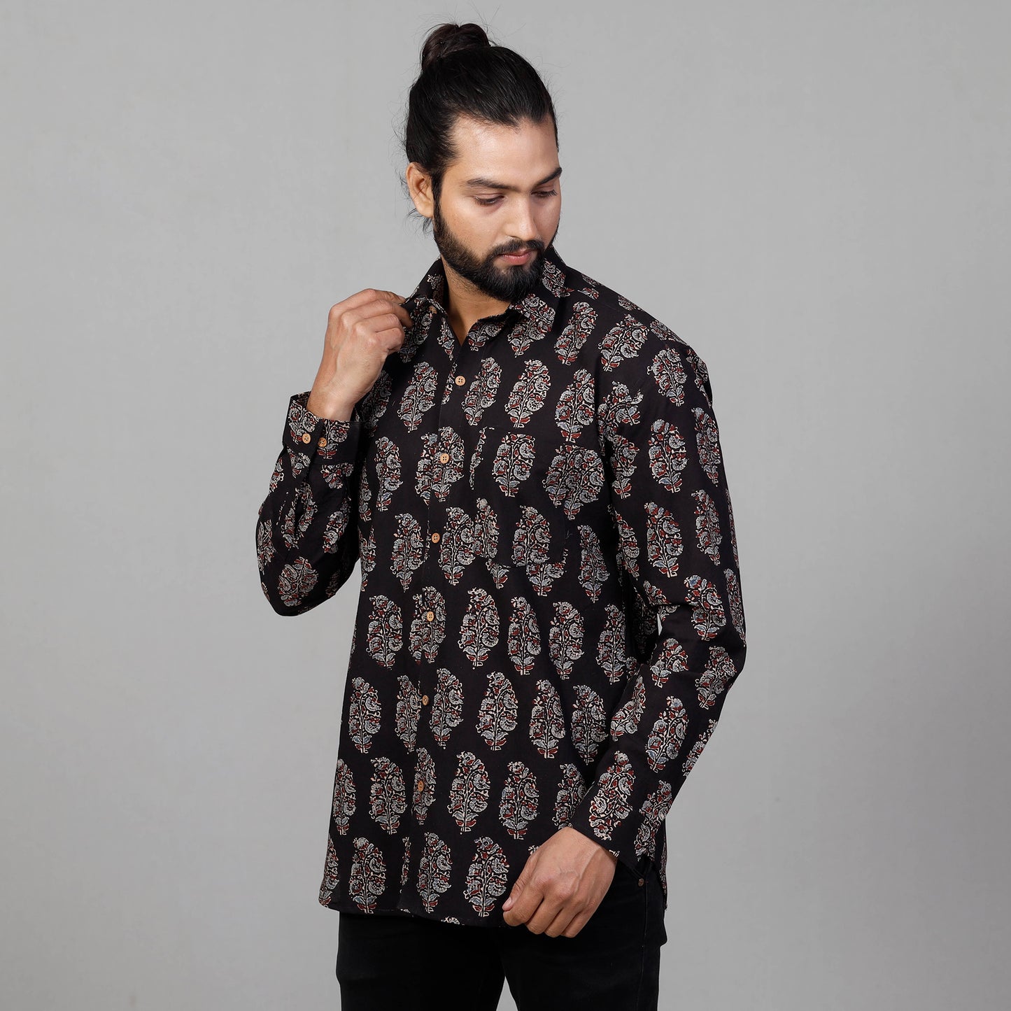 Black - Ajrakh Block Printed Cotton Men Full Sleeve Shirt