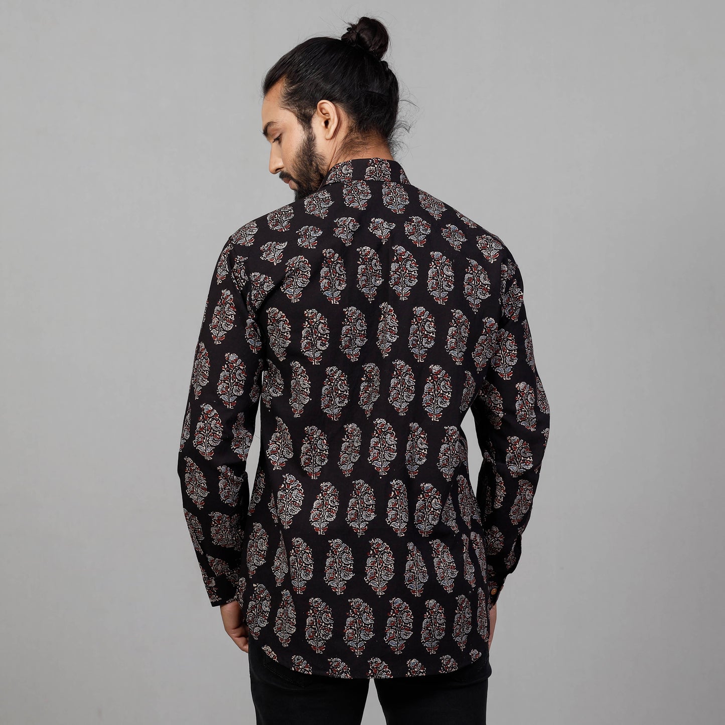 Black - Ajrakh Block Printed Cotton Men Full Sleeve Shirt