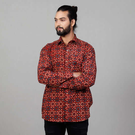 Red - Ajrakh Block Printed Cotton Men Full Sleeve Shirt