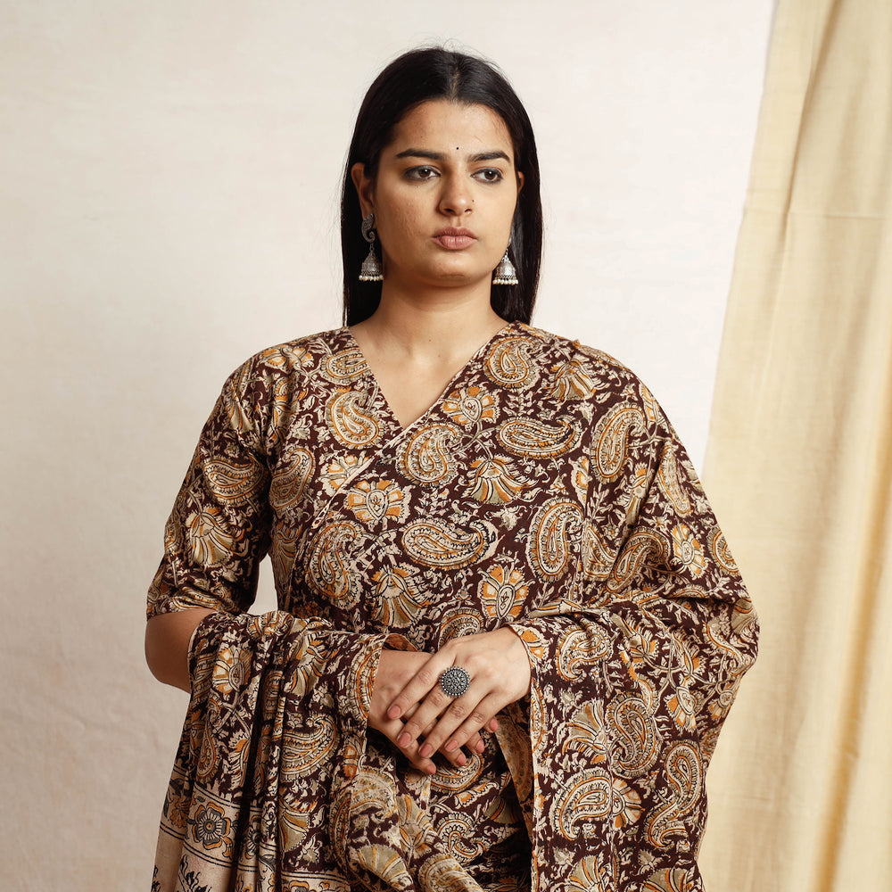 Kalamkari Block Printing Cotton Kurta with Palazzo & Dupatta Set