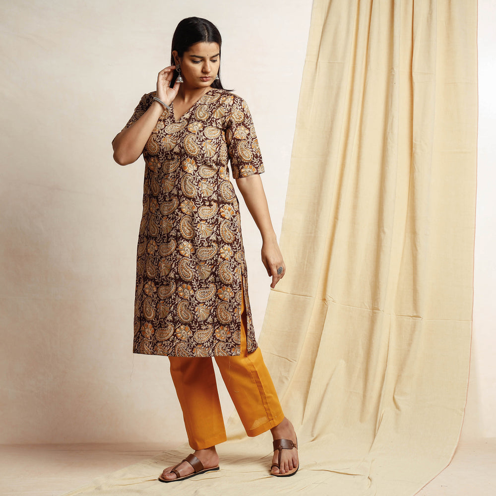 Kalamkari Block Printing Cotton Kurta with Palazzo & Dupatta Set