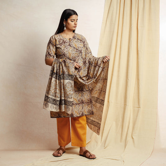 Brown - Kalamkari Block Printing Cotton Kurta with Palazzo & Dupatta Set