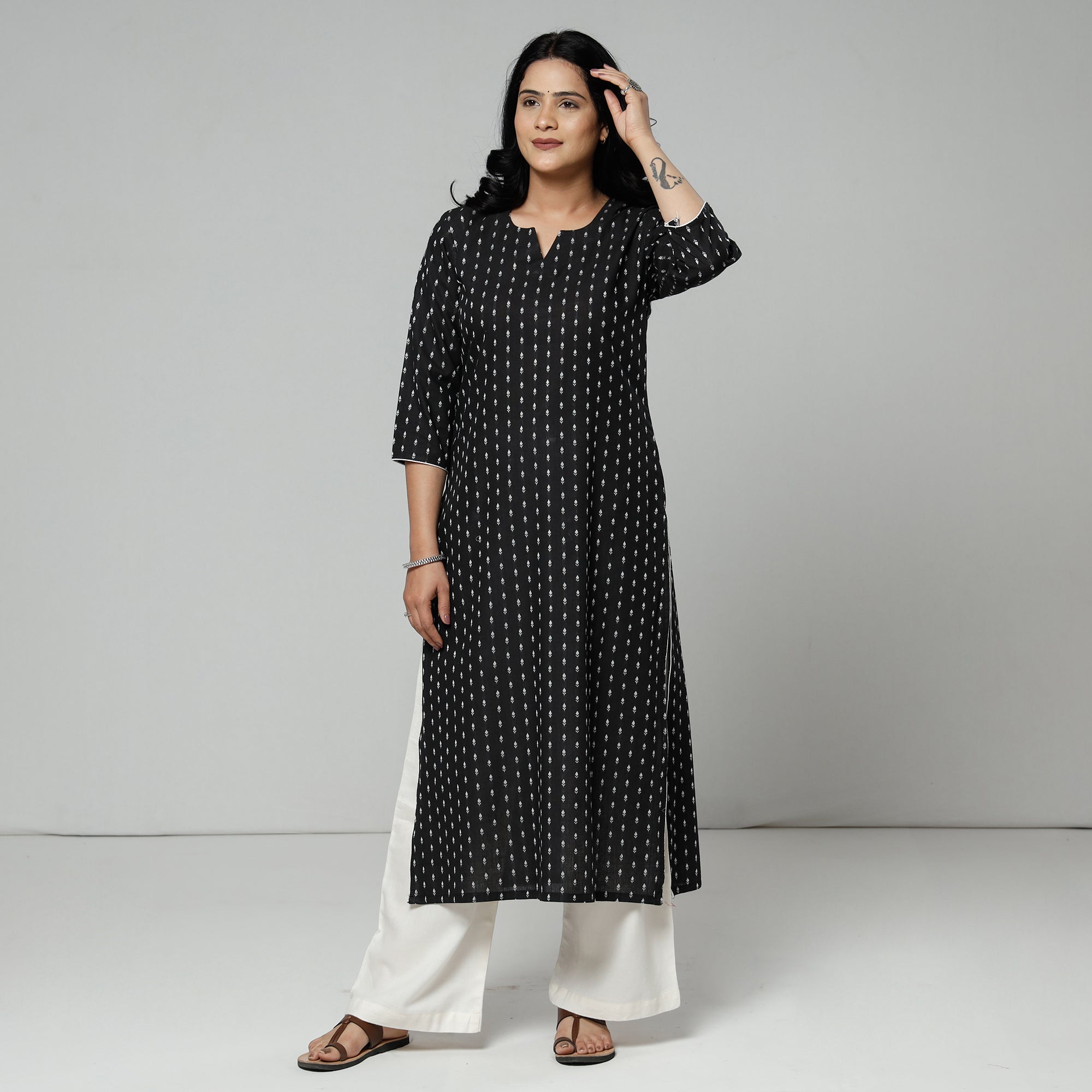 Black - Jacquard Cotton Long Straight Kurta