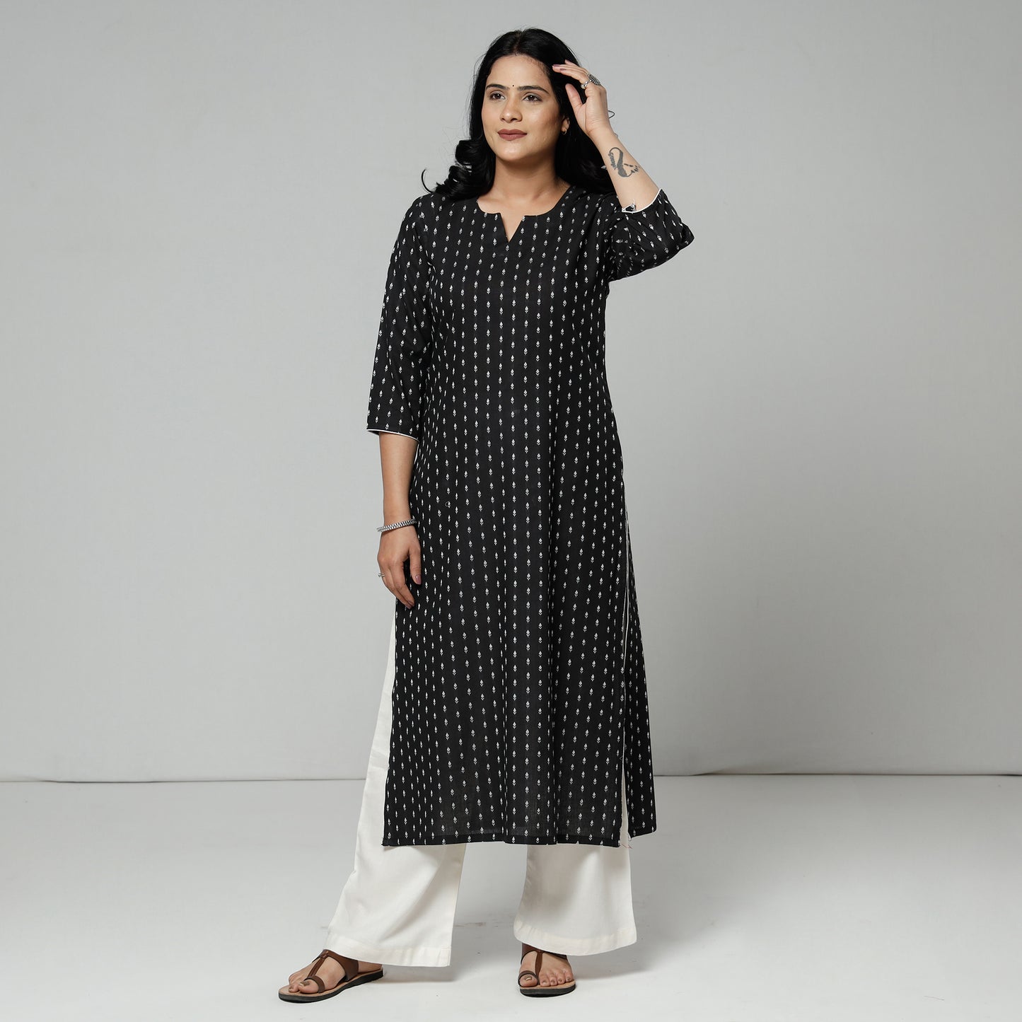 Black - Jacquard Cotton Long Straight Kurta