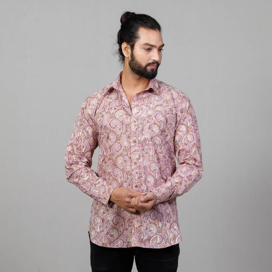 Pink - Sanganeri Block Printing Cotton Men Full Sleeve Shirt