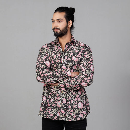 Black & Pink - Sanganeri Block Printing Cotton Men Full Sleeve Shirt