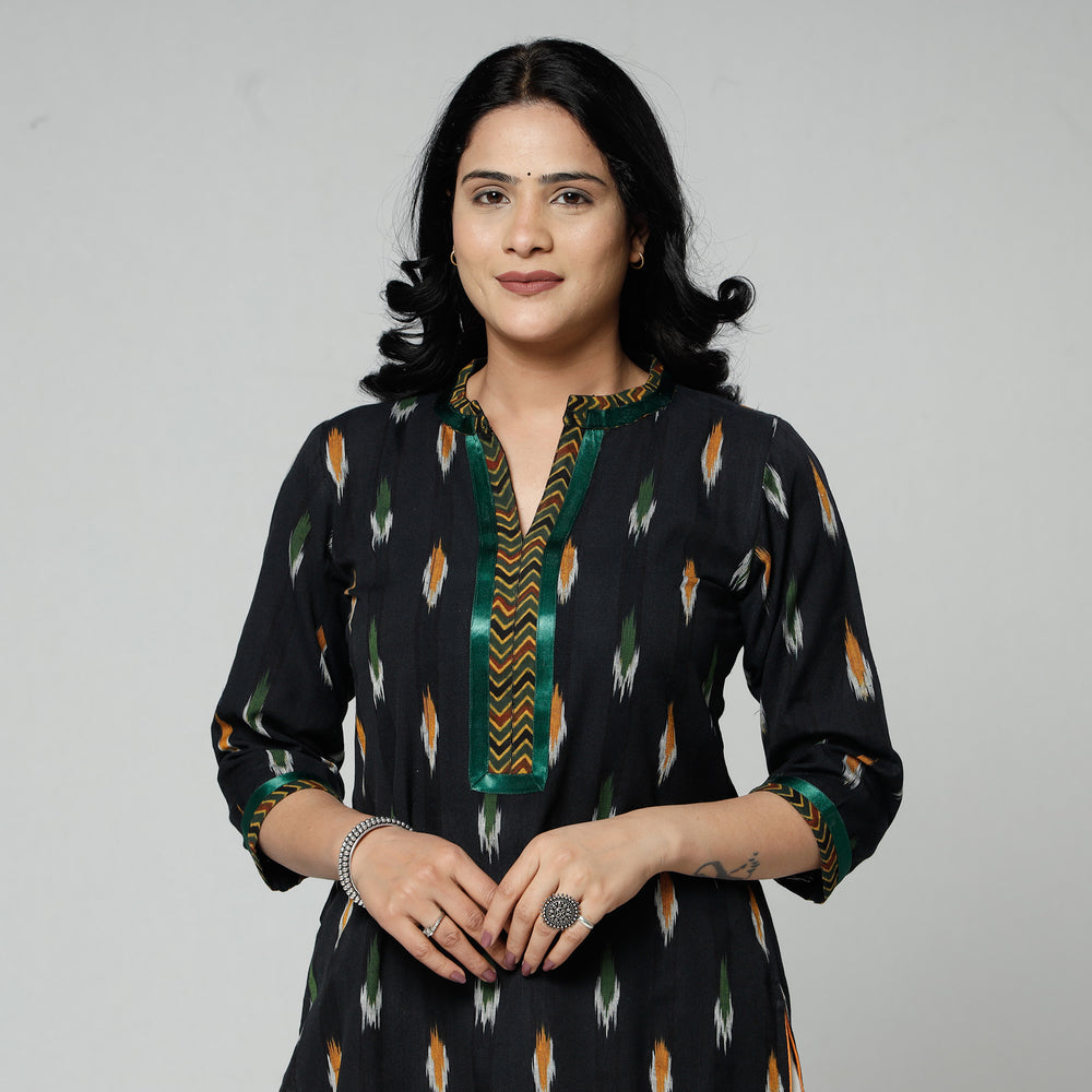 Black Pochampally Ikat Weave Cotton Long Kurta