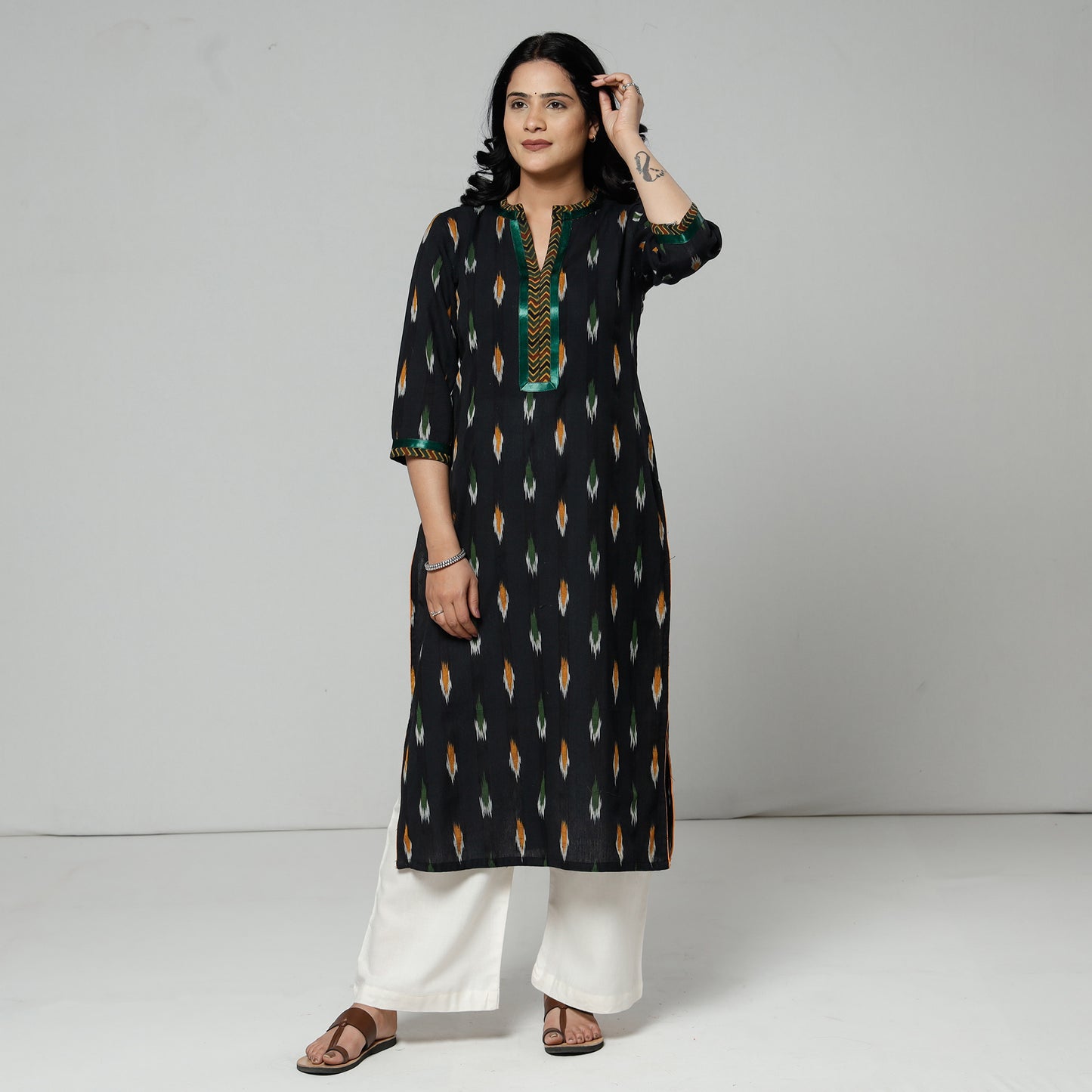 Black Pochampally Ikat Weave Cotton Long Kurta