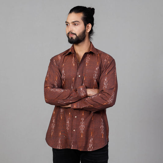 Brown - Pochampally Ikat Cotton Men Full Sleeve Shirt