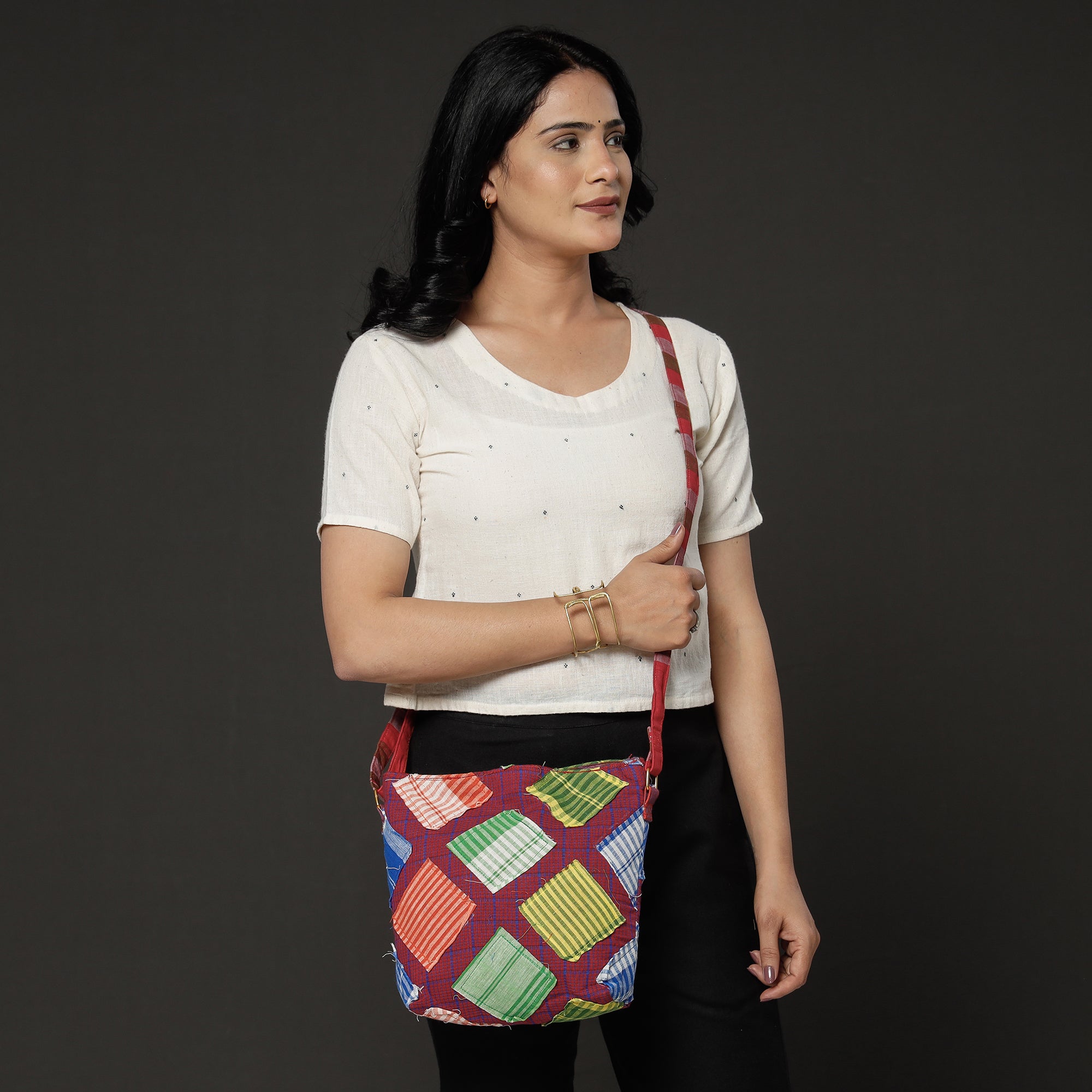 Multicolor Gamcha Fabric Hand Embroidered Sling Bag