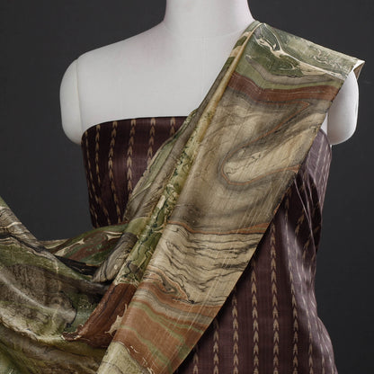 Brown - 3pc Handloom Mulberry Silk Suit Material Set with Banana Silk Marble Printed Dupatta