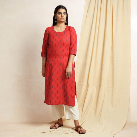 Red Pochampally Ikat Weave Cotton Long Kurta