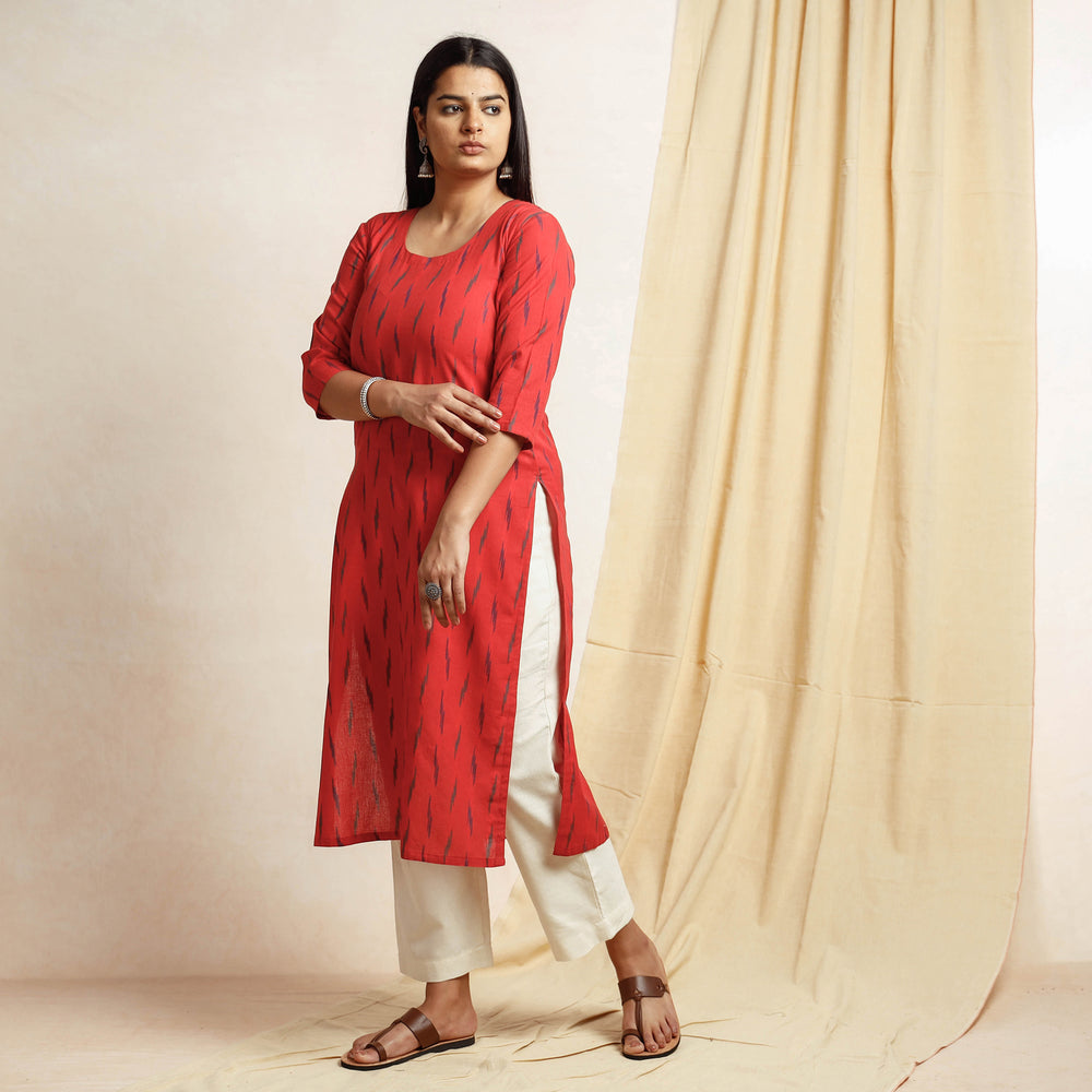 Red Pochampally Ikat Weave Cotton Long Kurta