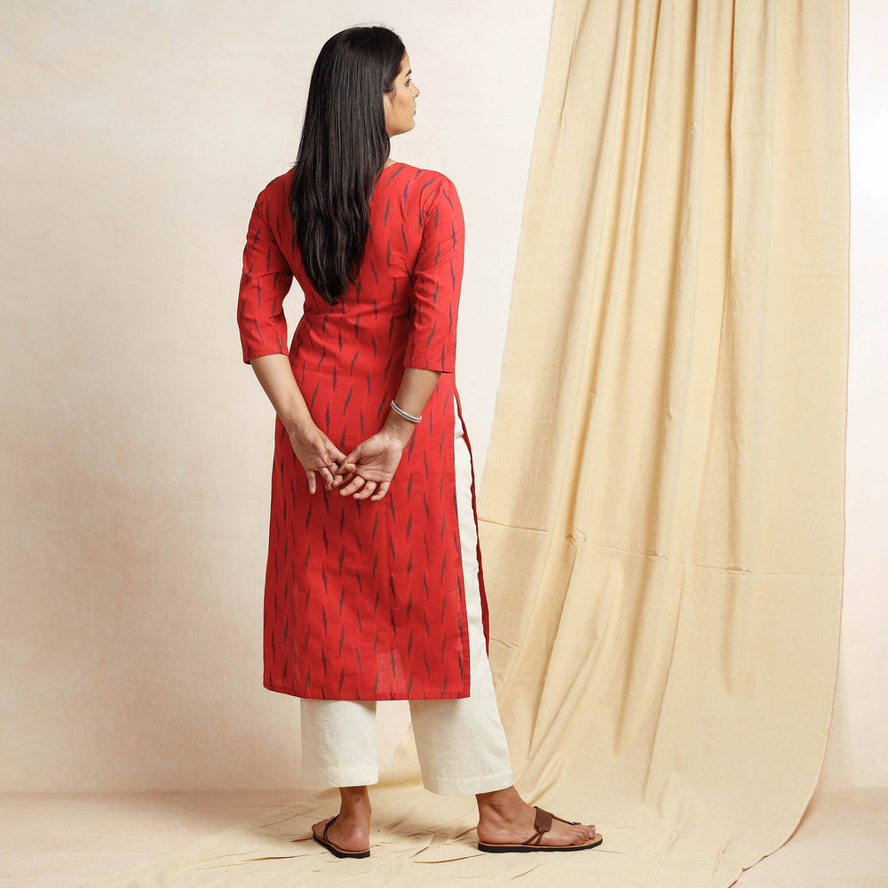 Red Pochampally Ikat Weave Cotton Long Kurta