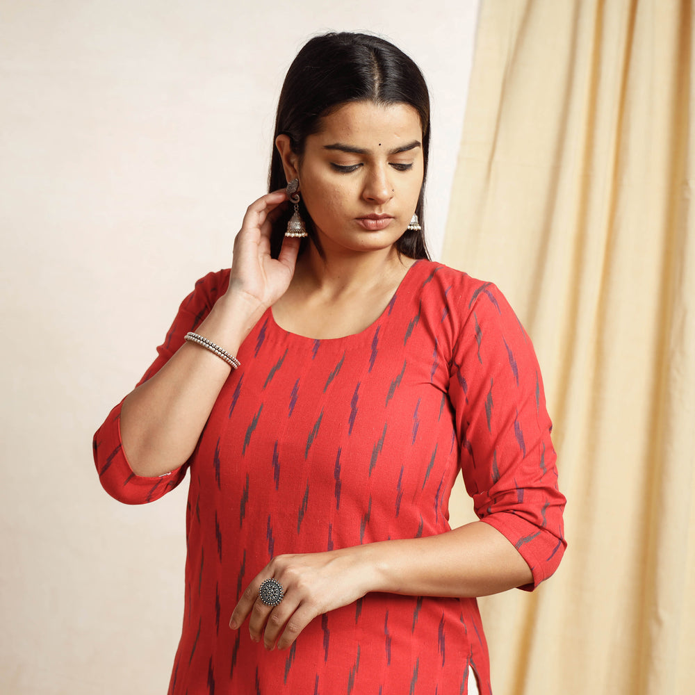 Red Pochampally Ikat Weave Cotton Long Kurta