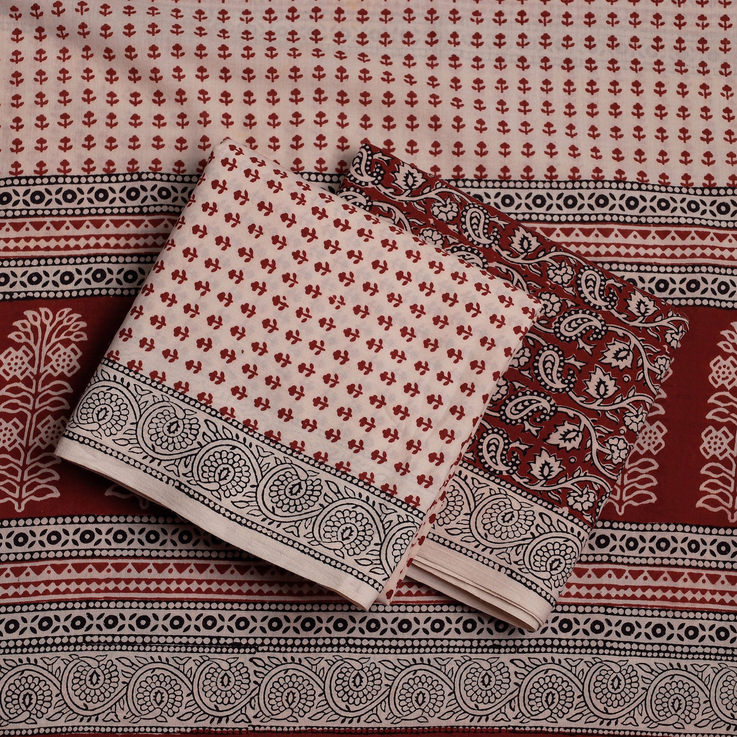 Beige - 3pc Bagh Block Printing Cotton Suit Material Set