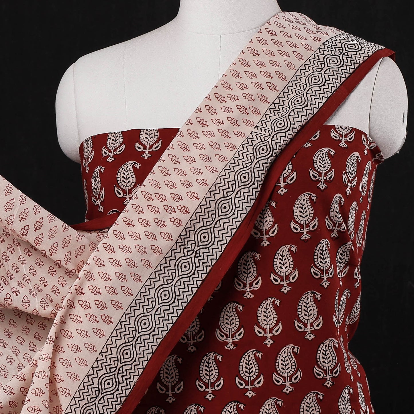 Red - 3pc Bagh Block Printing Cotton Suit Material Set