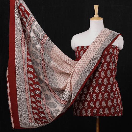 Red - 3pc Bagh Block Printing Cotton Suit Material Set