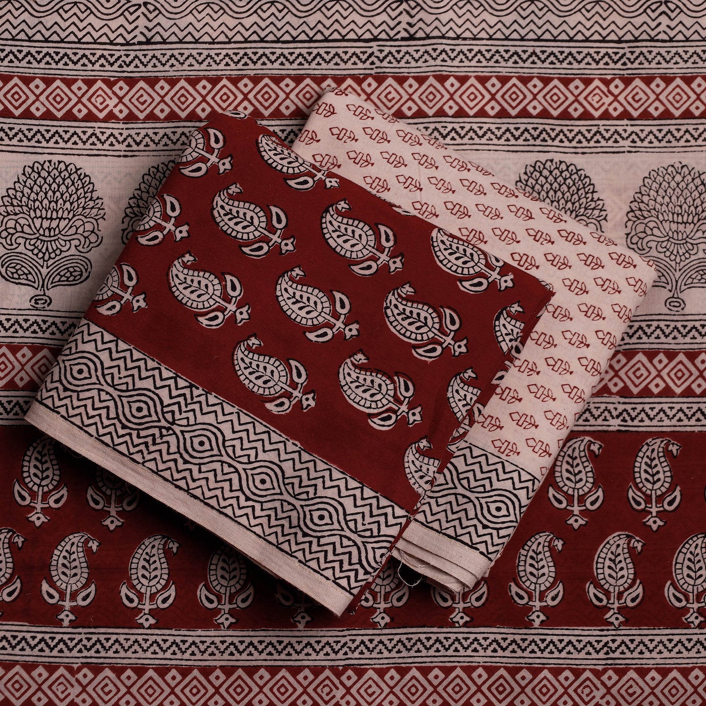 Red - 3pc Bagh Block Printing Cotton Suit Material Set