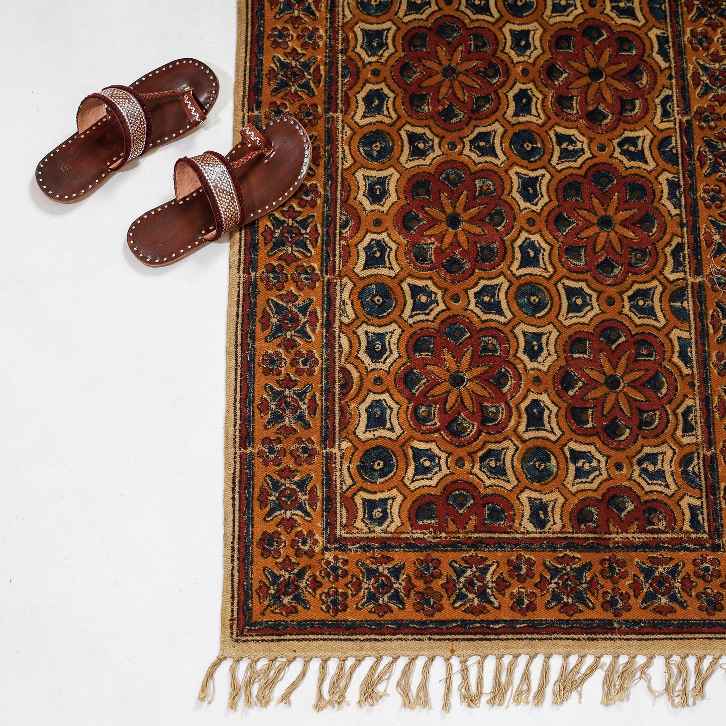 Warangal Weave Kalamkari Block Printed Cotton Durrie / Carpet / Rug (72 x 25 in)