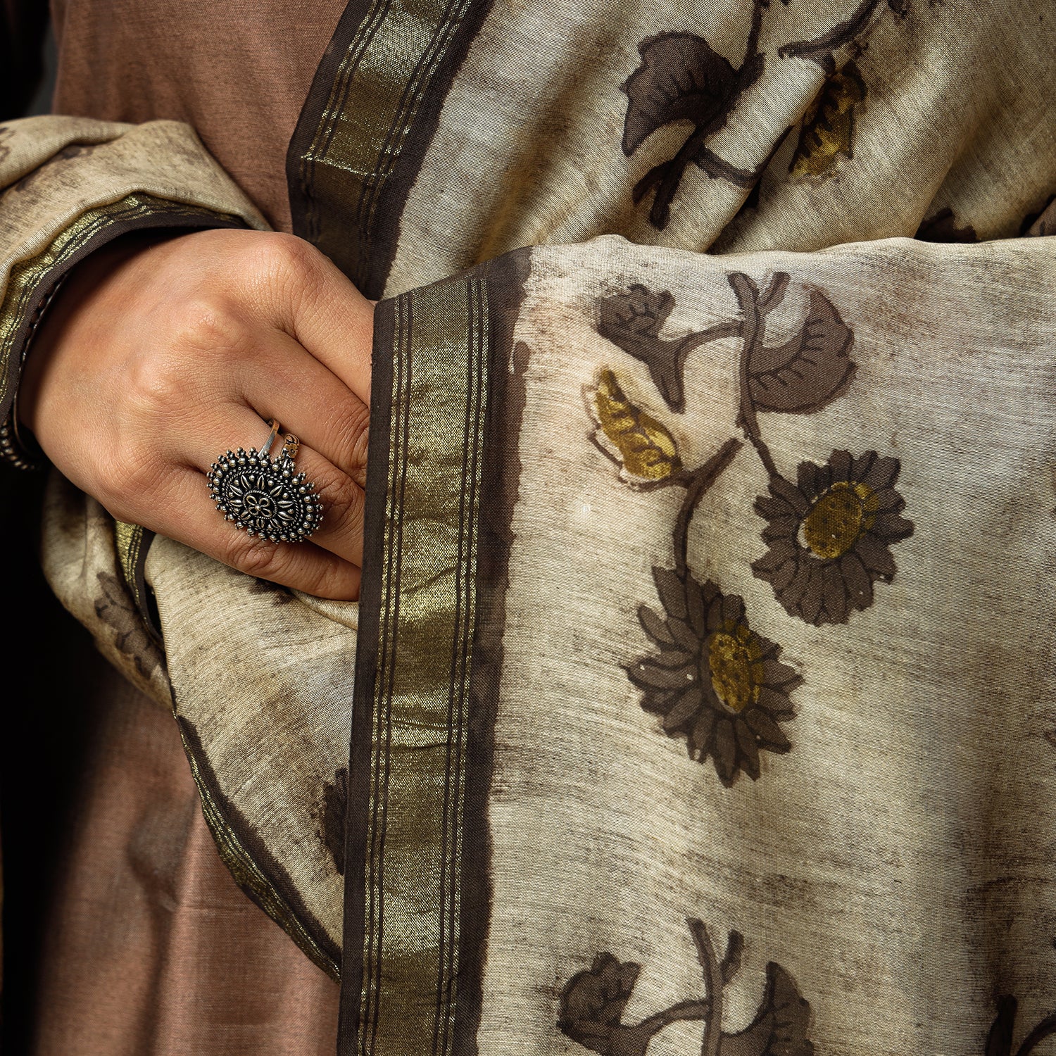 Brown Texture Tussar Silk Handloom Kurta with Bagru Dupatta