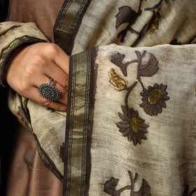 Brown Texture Tussar Silk Handloom Kurta with Bagru Dupatta