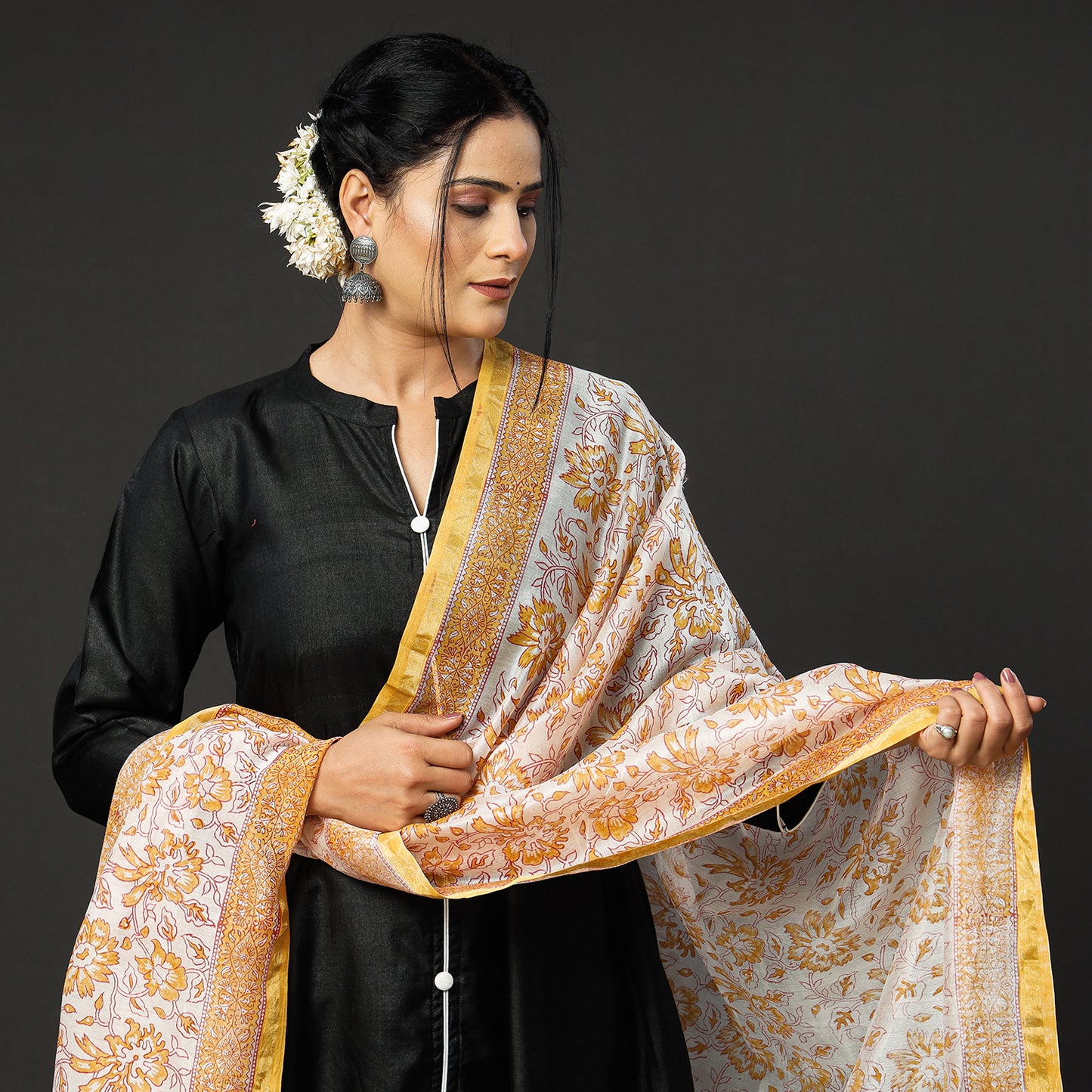 Black Texture Tussar Silk Handloom Kurta with Sanganeri Dupatta