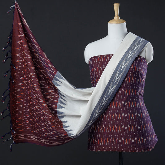 Brown - 3pc Pochampally Ikat Weave Cotton Suit Material Set