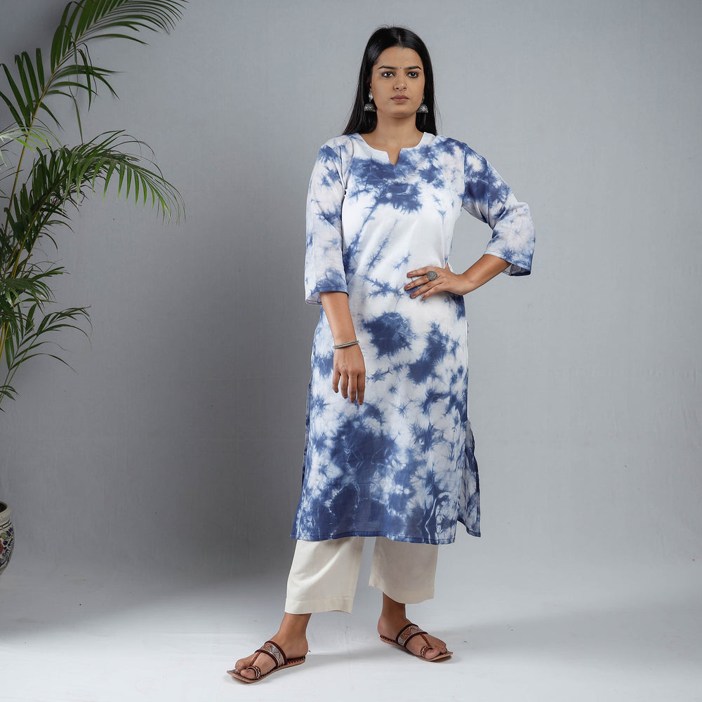 Blue & White - Shibori Tie-Dye Mul Cotton Long Kurta