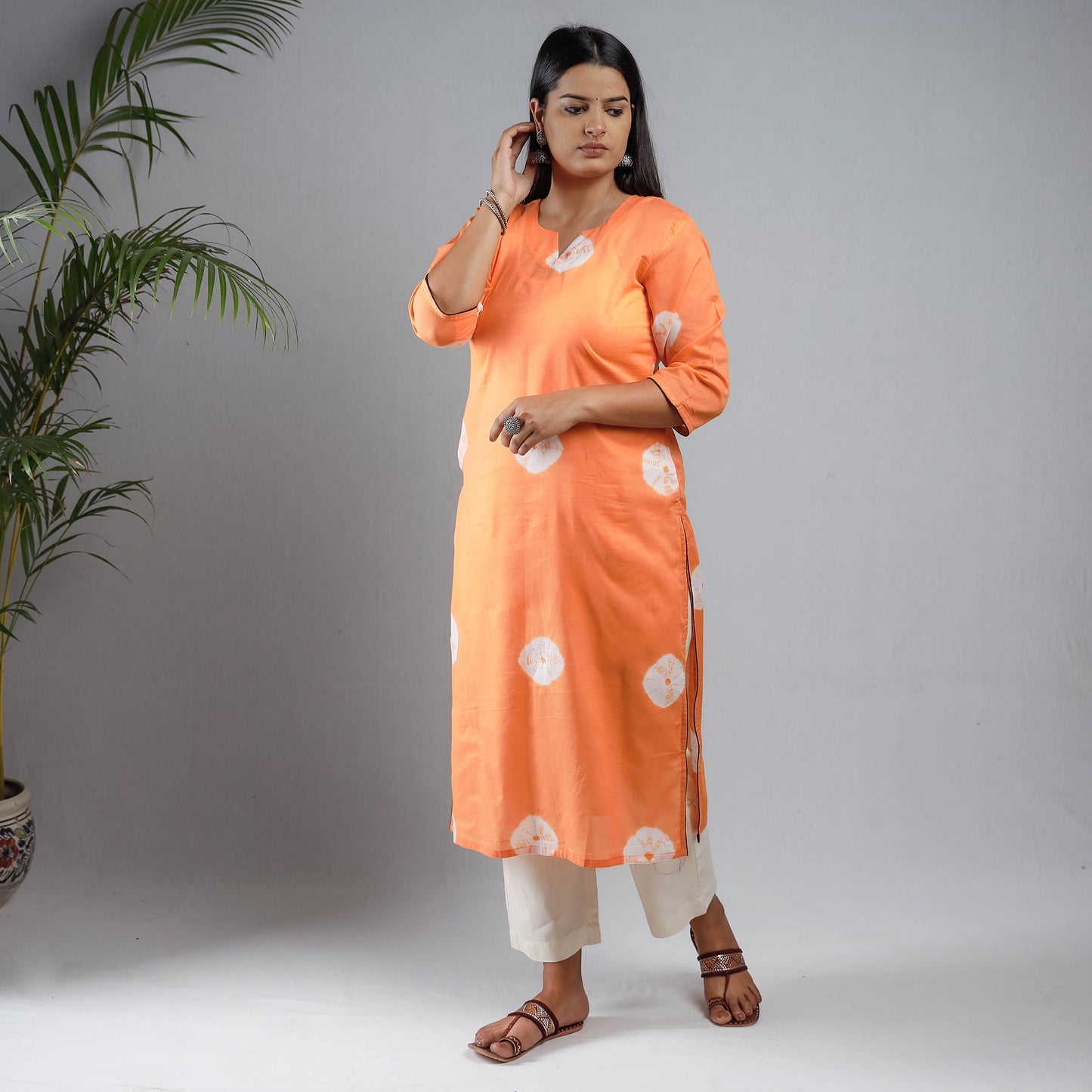 Orange & White - Shibori Tie-Dye Mul Cotton Long Kurta