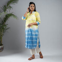 Multicolor - Yellow & Sky Blue - Shibori Tie-Dye Mul Cotton Long Kurta