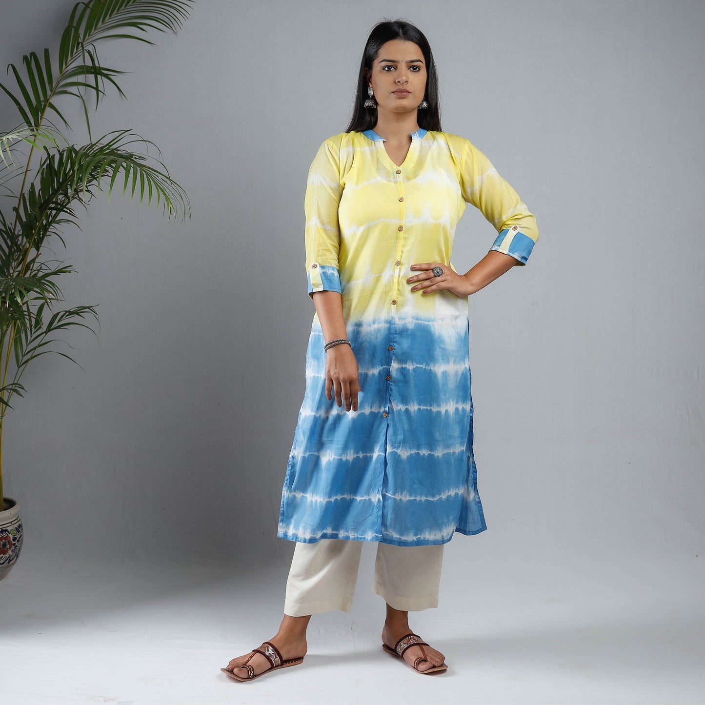 Multicolor - Yellow & Sky Blue - Shibori Tie-Dye Mul Cotton Long Kurta