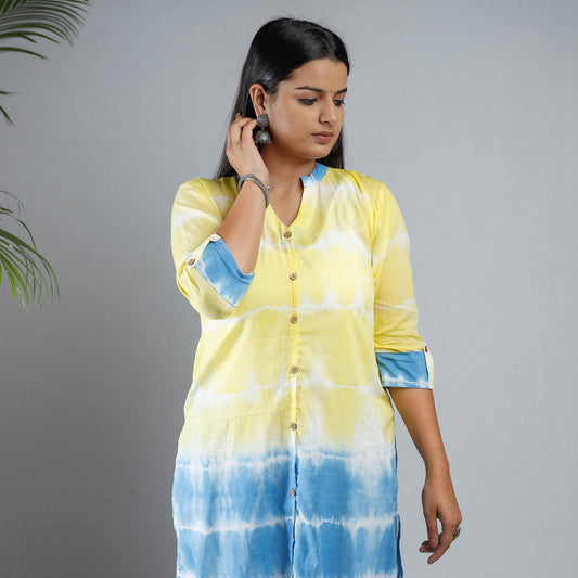 Multicolor - Yellow & Sky Blue - Shibori Tie-Dye Mul Cotton Long Kurta