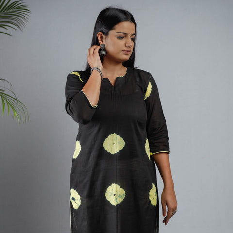 Black & Yellow Shibori Tie-Dye Mul Cotton Long Kurta