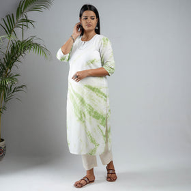 White & Green Shibori Tie-Dye Mul Cotton Long Kurta for Women